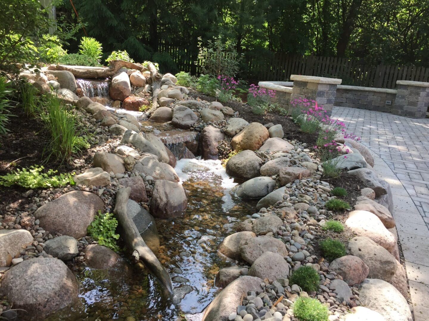 Backyard pond and waterfall feature with natural plants and landscaping Lisle IL
