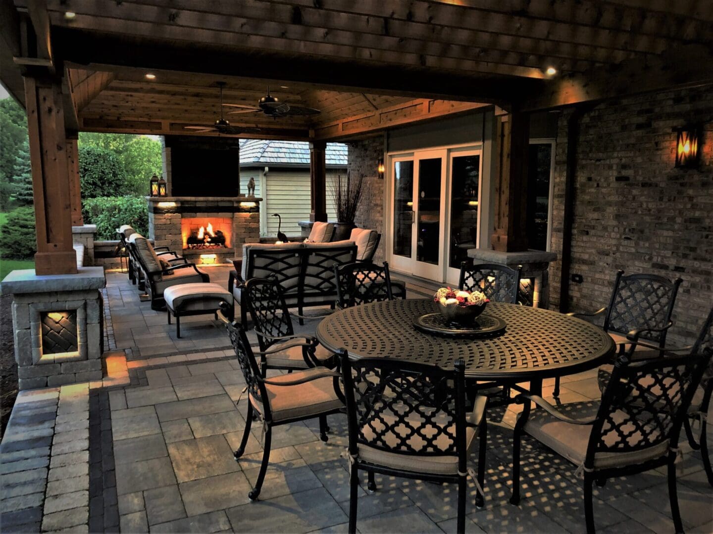 Paver patio with custom fireplace and pavilion in Downers Grove IL