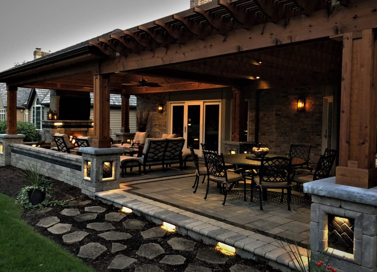 Paver patio with custom fireplace and pavilion in Downers Grove IL