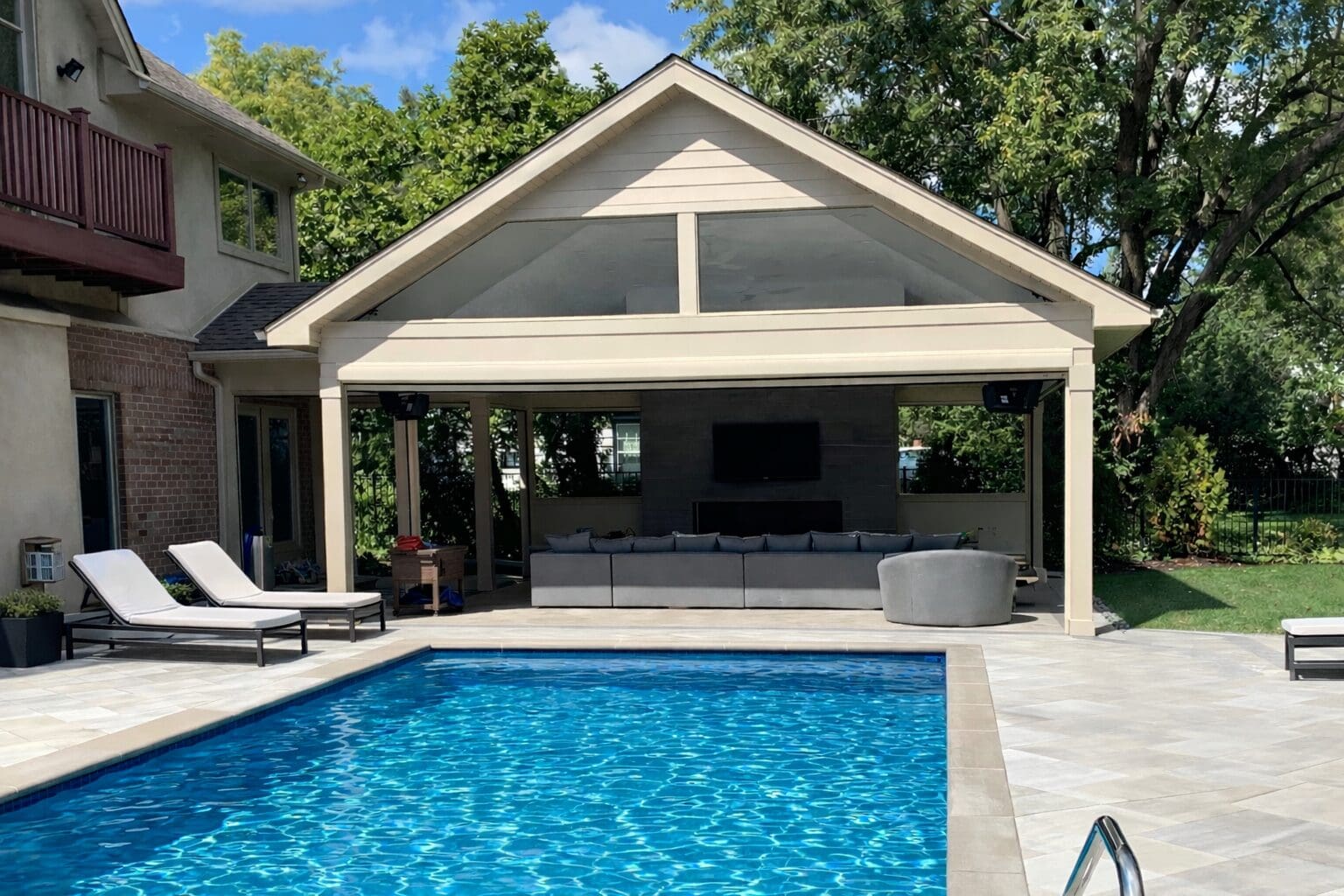 Custom pool patio and pavilion installation in Hinsdale, IL backyard